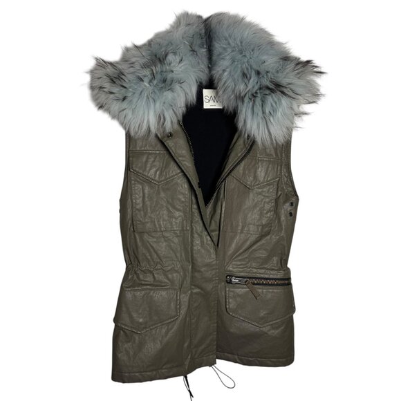 SAM. New York Womens Raccoon Fur Trim military Vest Jacket army green Size XS - Picture 1 of 11